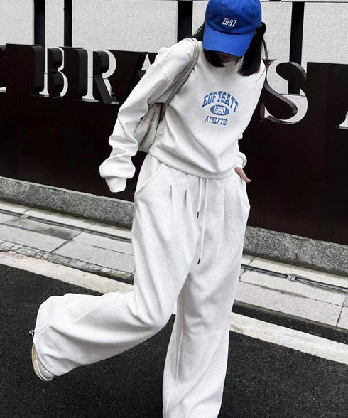 カレッジロゴスウェットセットアップパンツ レディース ロゴプリントスウェットトップス 大人可愛いロゴトレーナー ウエストゴムワイドパンツ ポケット付イージーパンツ 92RUNXUAN-001