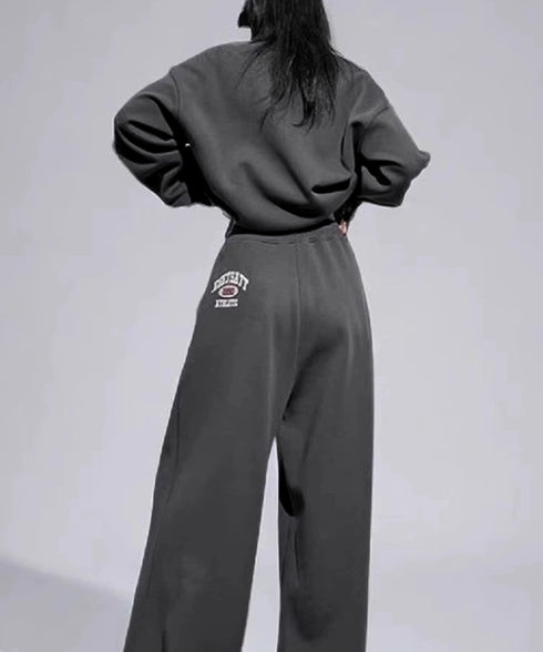 カレッジロゴスウェットセットアップパンツ レディース ロゴプリントスウェットトップス 大人可愛いロゴトレーナー ウエストゴムワイドパンツ ポケット付イージーパンツ 92RUNXUAN-001