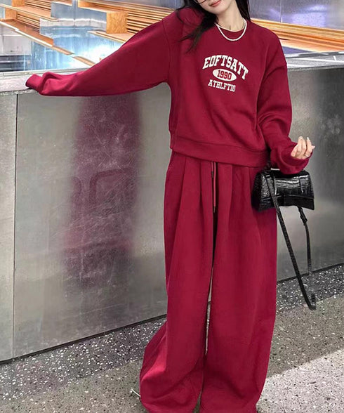 カレッジロゴスウェットセットアップパンツ レディース ロゴプリントスウェットトップス 大人可愛いロゴトレーナー ウエストゴムワイドパンツ ポケット付イージーパンツ 92RUNXUAN-001