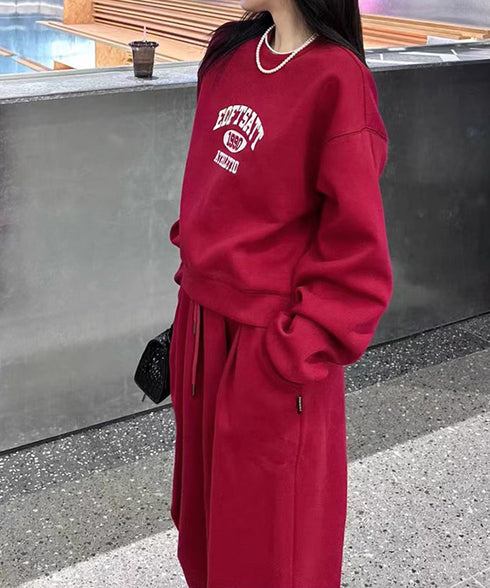 カレッジロゴスウェットセットアップパンツ レディース ロゴプリントスウェットトップス 大人可愛いロゴトレーナー ウエストゴムワイドパンツ ポケット付イージーパンツ 92RUNXUAN-001