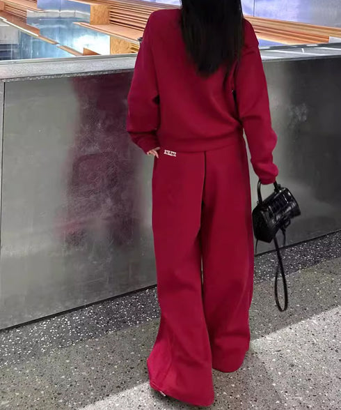 カレッジロゴスウェットセットアップパンツ レディース ロゴプリントスウェットトップス 大人可愛いロゴトレーナー ウエストゴムワイドパンツ ポケット付イージーパンツ 92RUNXUAN-001