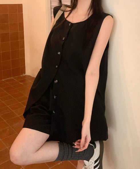 ノースリーブジレショートパンツセット夏服 薄手ベスト リネン風短パンセットアップ 涼しげきれいめトップス体型カバー ゆったりシルエットワイドショートパンツ美脚脚長 92SF-001