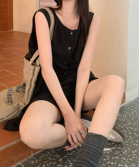 ノースリーブジレショートパンツセット夏服 薄手ベスト リネン風短パンセットアップ 涼しげきれいめトップス体型カバー ゆったりシルエットワイドショートパンツ美脚脚長 92SF-001
