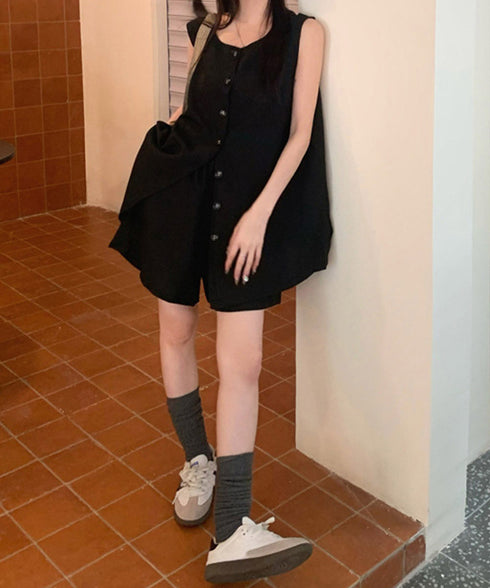 ノースリーブジレショートパンツセット夏服 薄手ベスト リネン風短パンセットアップ 涼しげきれいめトップス体型カバー ゆったりシルエットワイドショートパンツ美脚脚長 92SF-001