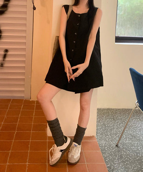 ノースリーブジレショートパンツセット夏服 薄手ベスト リネン風短パンセットアップ 涼しげきれいめトップス体型カバー ゆったりシルエットワイドショートパンツ美脚脚長 92SF-001