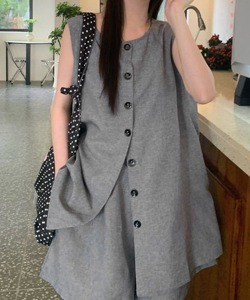 ノースリーブジレショートパンツセット夏服 薄手ベスト リネン風短パンセットアップ 涼しげきれいめトップス体型カバー ゆったりシルエットワイドショートパンツ美脚脚長 92SF-001