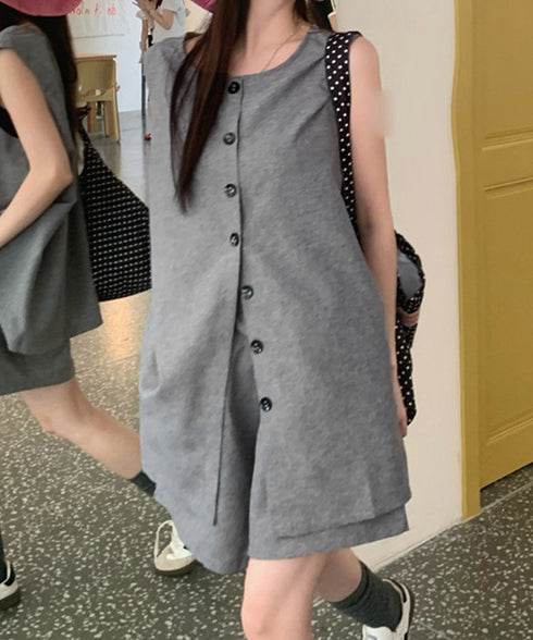 ノースリーブジレショートパンツセット夏服 薄手ベスト リネン風短パンセットアップ 涼しげきれいめトップス体型カバー ゆったりシルエットワイドショートパンツ美脚脚長 92SF-001
