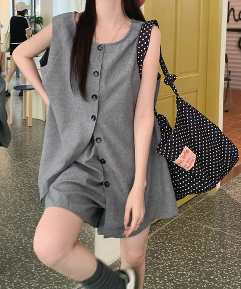 ノースリーブジレショートパンツセット夏服 薄手ベスト リネン風短パンセットアップ 涼しげきれいめトップス体型カバー ゆったりシルエットワイドショートパンツ美脚脚長 92SF-001