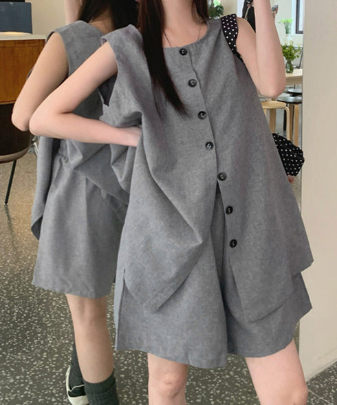 ノースリーブジレショートパンツセット夏服 薄手ベスト リネン風短パンセットアップ 涼しげきれいめトップス体型カバー ゆったりシルエットワイドショートパンツ美脚脚長 92SF-001