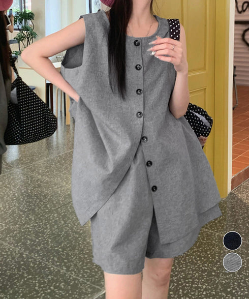 ノースリーブジレショートパンツセット夏服 薄手ベスト リネン風短パンセットアップ 涼しげきれいめトップス体型カバー ゆったりシルエットワイドショートパンツ美脚脚長 92SF-001