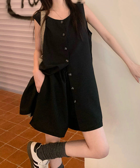 ノースリーブジレショートパンツセット夏服 薄手ベスト リネン風短パンセットアップ 涼しげきれいめトップス体型カバー ゆったりシルエットワイドショートパンツ美脚脚長 92SF-001
