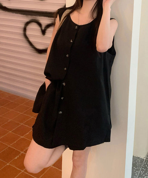 ノースリーブジレショートパンツセット夏服 薄手ベスト リネン風短パンセットアップ 涼しげきれいめトップス体型カバー ゆったりシルエットワイドショートパンツ美脚脚長 92SF-001