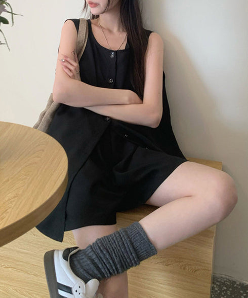 ノースリーブジレショートパンツセット夏服 薄手ベスト リネン風短パンセットアップ 涼しげきれいめトップス体型カバー ゆったりシルエットワイドショートパンツ美脚脚長 92SF-001