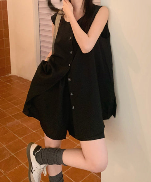 ノースリーブジレショートパンツセット夏服 薄手ベスト リネン風短パンセットアップ 涼しげきれいめトップス体型カバー ゆったりシルエットワイドショートパンツ美脚脚長 92SF-001