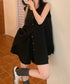 ノースリーブジレショートパンツセット夏服 薄手ベスト リネン風短パンセットアップ 涼しげきれいめトップス体型カバー ゆったりシルエットワイドショートパンツ美脚脚長 92SF-001