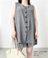 ノースリーブジレショートパンツセット夏服 薄手ベスト リネン風短パンセットアップ 涼しげきれいめトップス体型カバー ゆったりシルエットワイドショートパンツ美脚脚長 92SF-001