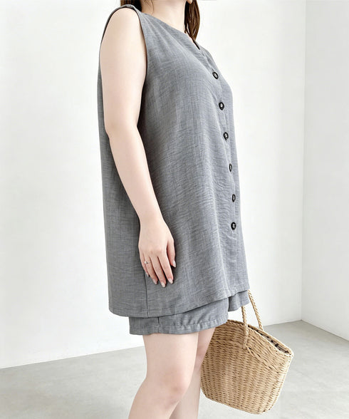 ノースリーブジレショートパンツセット夏服 薄手ベスト リネン風短パンセットアップ 涼しげきれいめトップス体型カバー ゆったりシルエットワイドショートパンツ美脚脚長 92SF-001