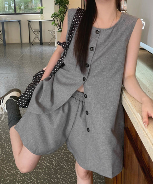 ノースリーブジレショートパンツセット夏服 薄手ベスト リネン風短パンセットアップ 涼しげきれいめトップス体型カバー ゆったりシルエットワイドショートパンツ美脚脚長 92SF-001