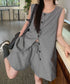 ノースリーブジレショートパンツセット夏服 薄手ベスト リネン風短パンセットアップ 涼しげきれいめトップス体型カバー ゆったりシルエットワイドショートパンツ美脚脚長 92SF-001