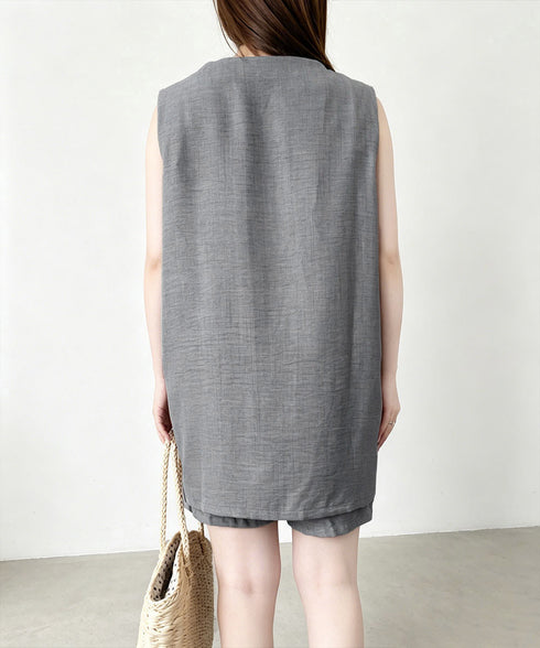 ノースリーブジレショートパンツセット夏服 薄手ベスト リネン風短パンセットアップ 涼しげきれいめトップス体型カバー ゆったりシルエットワイドショートパンツ美脚脚長 92SF-001