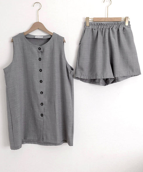 ノースリーブジレショートパンツセット夏服 薄手ベスト リネン風短パンセットアップ 涼しげきれいめトップス体型カバー ゆったりシルエットワイドショートパンツ美脚脚長 92SF-001