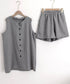 ノースリーブジレショートパンツセット夏服 薄手ベスト リネン風短パンセットアップ 涼しげきれいめトップス体型カバー ゆったりシルエットワイドショートパンツ美脚脚長 92SF-001