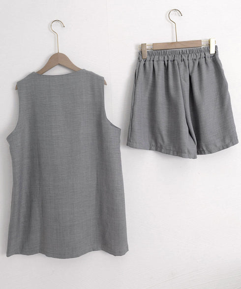 ノースリーブジレショートパンツセット夏服 薄手ベスト リネン風短パンセットアップ 涼しげきれいめトップス体型カバー ゆったりシルエットワイドショートパンツ美脚脚長 92SF-001