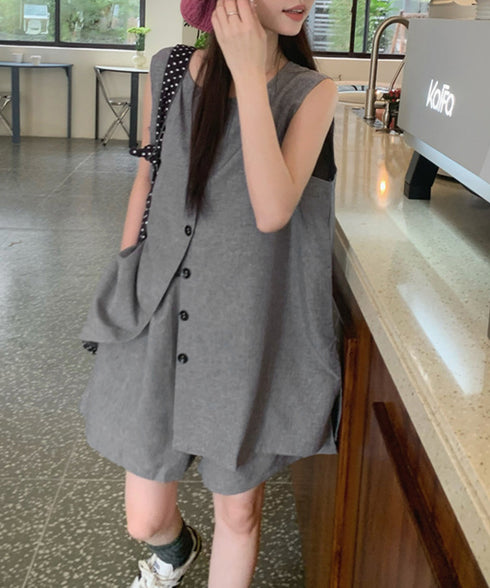 ノースリーブジレショートパンツセット夏服 薄手ベスト リネン風短パンセットアップ 涼しげきれいめトップス体型カバー ゆったりシルエットワイドショートパンツ美脚脚長 92SF-001