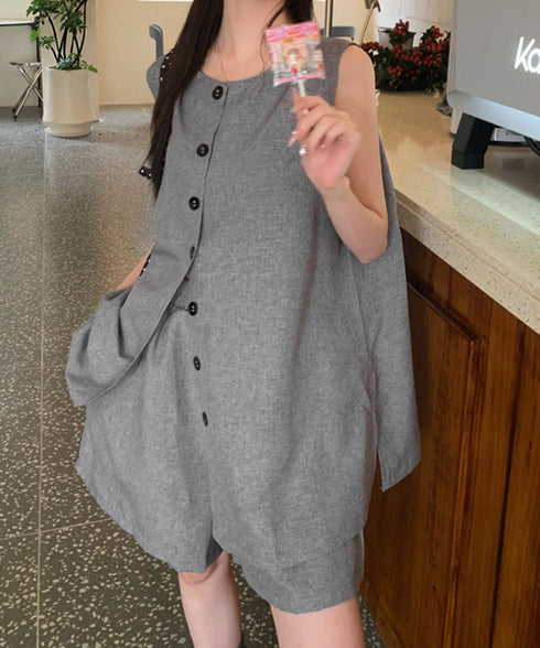 ノースリーブジレショートパンツセット夏服 薄手ベスト リネン風短パンセットアップ 涼しげきれいめトップス体型カバー ゆったりシルエットワイドショートパンツ美脚脚長 92SF-001