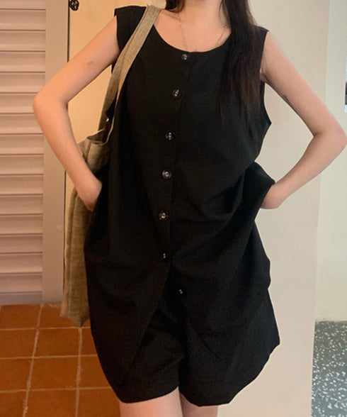 ノースリーブジレショートパンツセット夏服 薄手ベスト リネン風短パンセットアップ 涼しげきれいめトップス体型カバー ゆったりシルエットワイドショートパンツ美脚脚長 92SF-001