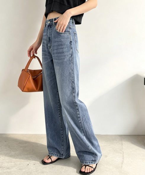 ワイドデニムパンツビンテージジーンズ美脚 レディース レトロ風ジーパン ワイドレングス ウォッシュデニム 脚長 ストレートデニム ゆったり 色落ちジーンズ 韓国風 92SFL-001