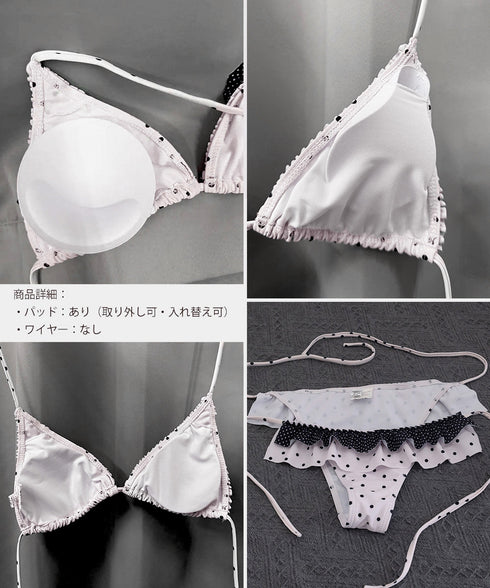 ドット柄ビキニ フリル水着ホルターネック レディースセパレート水着2点セット 水玉柄バンドゥビキニ サイドリボンパンツ 小胸さん盛れる ラブリースイムウェアY2K 92SHENGJIA-001