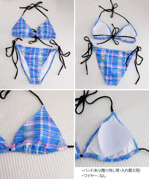 ハイレグビキニ上下セット チェック柄水着 リボンビキニ大人可愛い セパレート水着レディース ローライズビキニお洒落 紐ビキニ水着セクシー リゾート水着水遊び海辺夏 92SHENGJIA-002