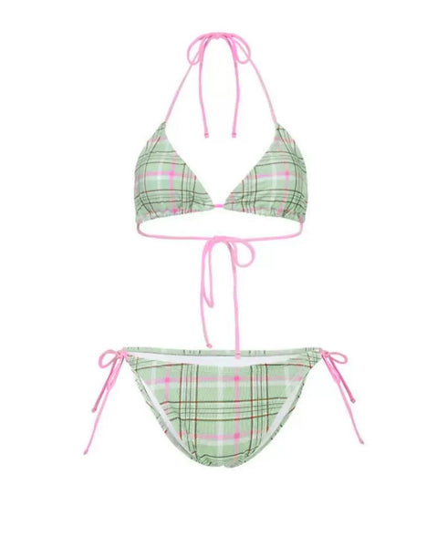 ハイレグビキニ上下セット チェック柄水着 リボンビキニ大人可愛い セパレート水着レディース ローライズビキニお洒落 紐ビキニ水着セクシー リゾート水着水遊び海辺夏 92SHENGJIA-002