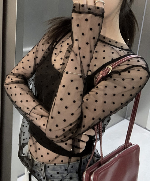 ドット柄シアートップス チュールインナー レディース ポルカドットチュールブラウス大人可愛い重ね着 薄手レイヤードインナーシアーカットソー透け感シースルートップス 92SIYUFS-002