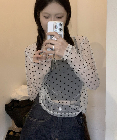 ドット柄シアートップス チュールインナー レディース ポルカドットチュールブラウス大人可愛い重ね着 薄手レイヤードインナーシアーカットソー透け感シースルートップス 92SIYUFS-002