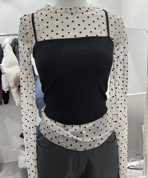 ドット柄シアートップス チュールインナー レディース ポルカドットチュールブラウス大人可愛い重ね着 薄手レイヤードインナーシアーカットソー透け感シースルートップス 92SIYUFS-002