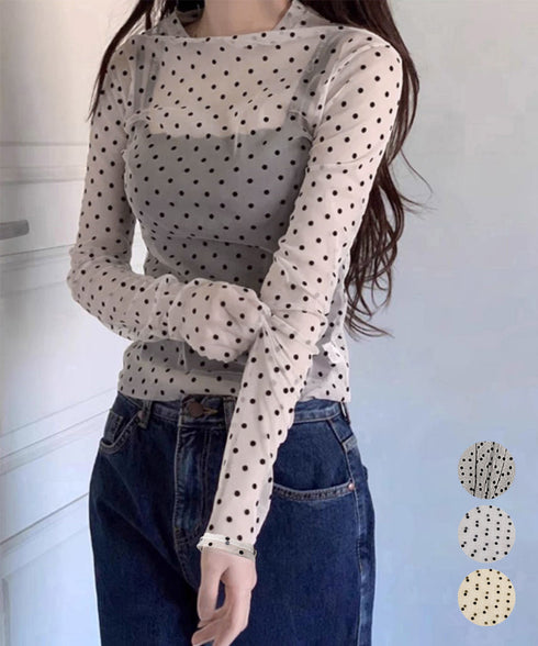 ドット柄シアートップス チュールインナー レディース ポルカドットチュールブラウス大人可愛い重ね着 薄手レイヤードインナーシアーカットソー透け感シースルートップス 92SIYUFS-002