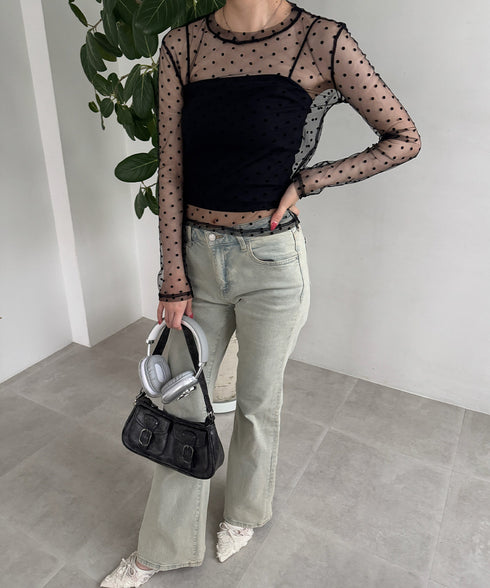ドット柄シアートップス チュールインナー レディース ポルカドットチュールブラウス大人可愛い重ね着 薄手レイヤードインナーシアーカットソー透け感シースルートップス 92SIYUFS-002
