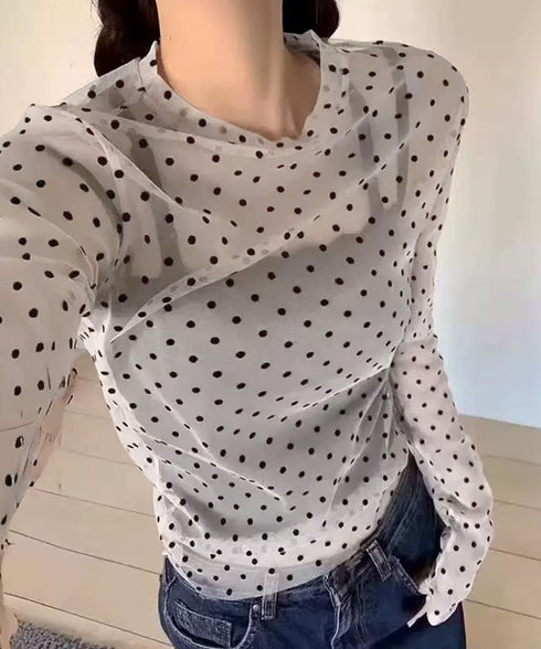 ドット柄シアートップス チュールインナー レディース ポルカドットチュールブラウス大人可愛い重ね着 薄手レイヤードインナーシアーカットソー透け感シースルートップス 92SIYUFS-002