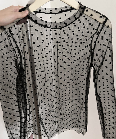 ドット柄シアートップス チュールインナー レディース ポルカドットチュールブラウス大人可愛い重ね着 薄手レイヤードインナーシアーカットソー透け感シースルートップス 92SIYUFS-002