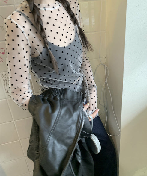 ドット柄シアートップス チュールインナー レディース ポルカドットチュールブラウス大人可愛い重ね着 薄手レイヤードインナーシアーカットソー透け感シースルートップス 92SIYUFS-002