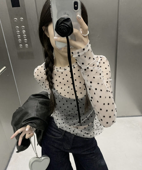 ドット柄シアートップス チュールインナー レディース ポルカドットチュールブラウス大人可愛い重ね着 薄手レイヤードインナーシアーカットソー透け感シースルートップス 92SIYUFS-002
