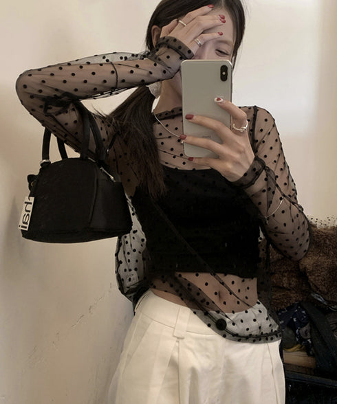 ドット柄シアートップス チュールインナー レディース ポルカドットチュールブラウス大人可愛い重ね着 薄手レイヤードインナーシアーカットソー透け感シースルートップス 92SIYUFS-002