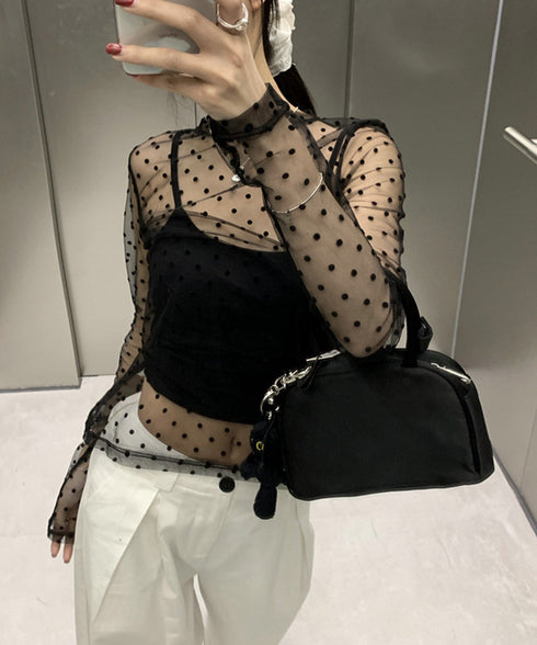 ドット柄シアートップス チュールインナー レディース ポルカドットチュールブラウス大人可愛い重ね着 薄手レイヤードインナーシアーカットソー透け感シースルートップス 92SIYUFS-002