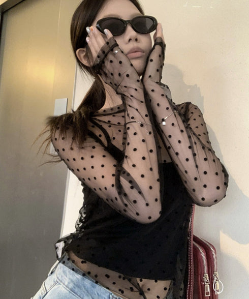 ドット柄シアートップス チュールインナー レディース ポルカドットチュールブラウス大人可愛い重ね着 薄手レイヤードインナーシアーカットソー透け感シースルートップス 92SIYUFS-002