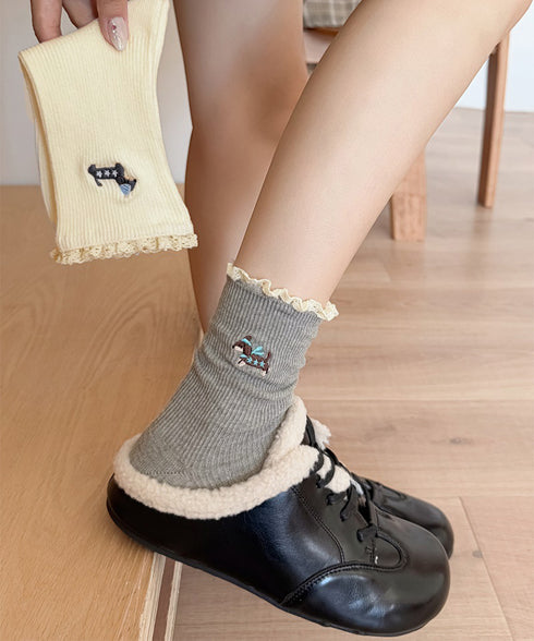 フリルソックス 犬柄 コットン靴下可愛い レース付き 柔らかいリブソックス 刺しゅう入り レディース 蒸れない綿靴下 韓国風 ガーリーなショートソックス春夏秋冬 92SJY-001