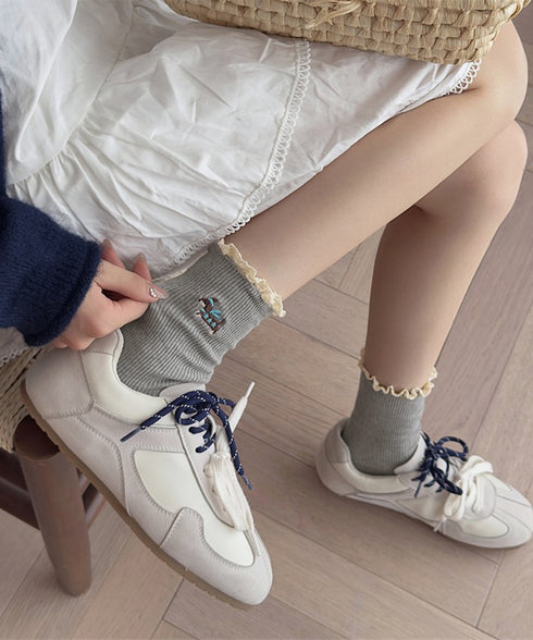 フリルソックス 犬柄 コットン靴下可愛い レース付き 柔らかいリブソックス 刺しゅう入り レディース 蒸れない綿靴下 韓国風 ガーリーなショートソックス春夏秋冬 92SJY-001