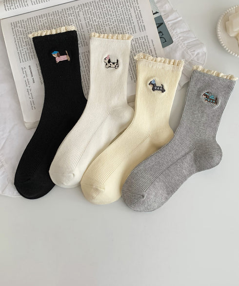 フリルソックス 犬柄 コットン靴下可愛い レース付き 柔らかいリブソックス 刺しゅう入り レディース 蒸れない綿靴下 韓国風 ガーリーなショートソックス春夏秋冬 92SJY-001