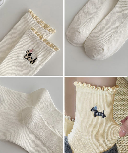 フリルソックス 犬柄 コットン靴下可愛い レース付き 柔らかいリブソックス 刺しゅう入り レディース 蒸れない綿靴下 韓国風 ガーリーなショートソックス春夏秋冬 92SJY-001